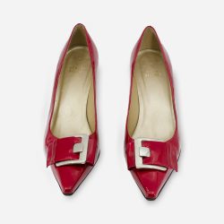 red buckle pumps